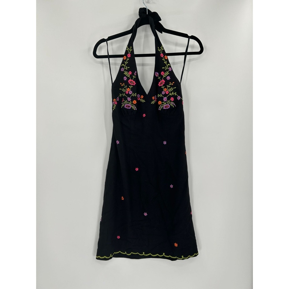 Geometrie Black Halter Dress Dark‎ Floral Embroidery Size 2 WhimsiGoth Witchy